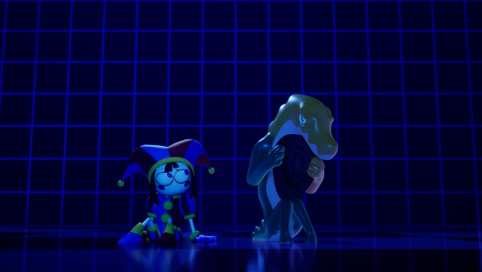 Das arme Krokodil wird sich seiner eigenen non-existenz unterhalb der Map bewusst. Pomni sitzt hilflos daneben. (Bildquelle: GLITCH Productions)