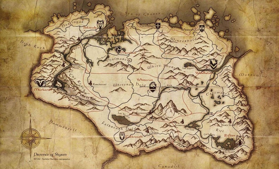 Die Karte von The Elder Scrolls 5: Skyrim mitsamt der großen Spielwelt.
