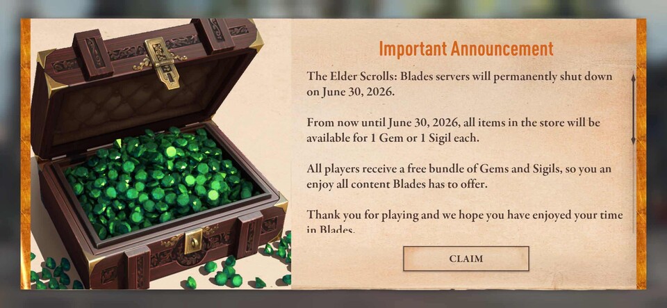 Eine Ingame-Nachricht weist auf die reduzierten Preise im Blades-Shop hin. (Bild: Avian81Reddit)