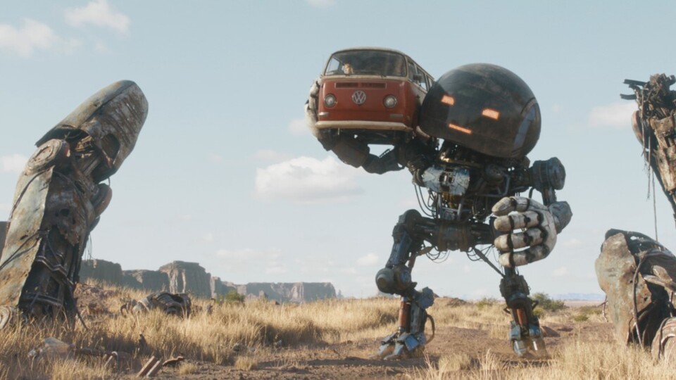 Hier lässt sich Michelle (Millie Bobbie Brown) von einem riesigen Roboter herumkutschieren. Bildquelle: Netflix