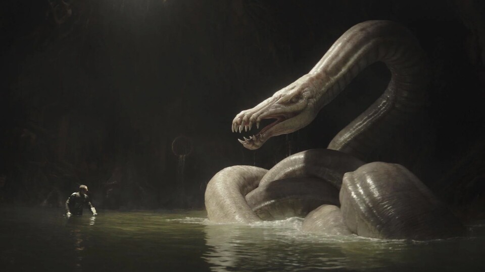 Die Szene mit der Drachenschlange von The Mandalorian + Grogu lässt sich etwa mit Luke Skywalkers Kampf gegen Jabbas Rancor in Episode 6 - Die Rückkehr der Jedi-Ritter vergleichen. Bildquelle: DisneyLucasfilm