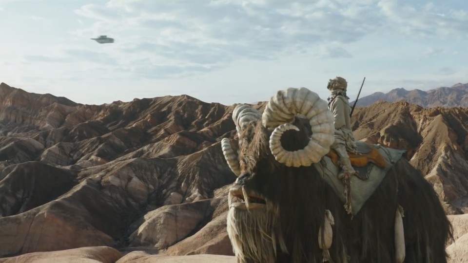 Effekte, Kostüm- und Kreaturendesign bleibt in Staffel 2 von The Mandalorian auf demselben, hochwertigen Niveau. Hier hockt ein Tuskenräuber auf einem Bantha. Bildquelle: Disney/Lucasfilm.