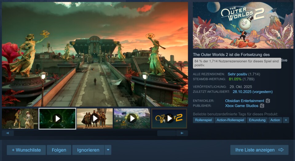 84 Prozent der abgegebenen Reviews auf Steam empfehlen The Outer Worlds 2.