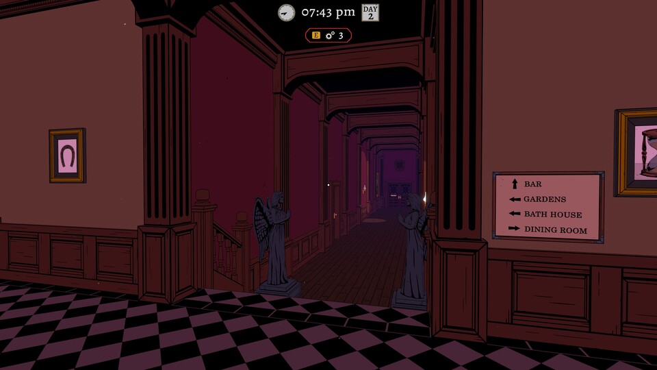 In Ego-Sicht durchstreife ich das Anwesen und sammle Hinweise, die mich weiterbringen.