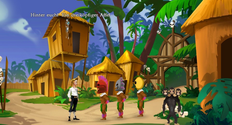 Endlich auf Monkey Island angekommen, schlägt sich Guybrush mit Kannibalen unter Diät und dreiköpfigen Affen herum.