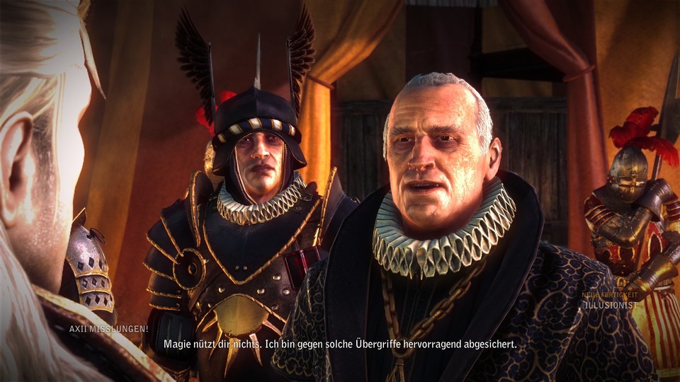 Geralt versucht, einen Gesandten mithilfe der Axii-Dialogoption auszuhorchen – ausnahmsweise vergebens.