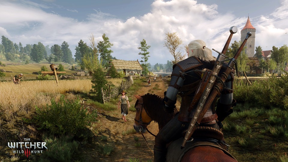 Geralt erkundet idyllische und belebte Landschaften, hier beackern Bauern ihre Felder.
