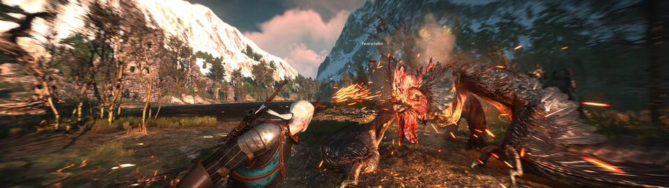 Grillhähnchen à la Geralt: Mit dem Igni-Flammenstrahl flambieren wir eine Gorgo, eine Art ... Drachenhuhn. Alle Interface-Anzeigen lassen sich übrigens ausblenden – außer Gegnenamen und aufsteigenden Schadenszahlen.