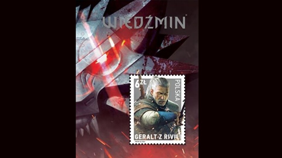 Geralt, in der Version aus The Witcher 3 als Briefmarke in Polen.