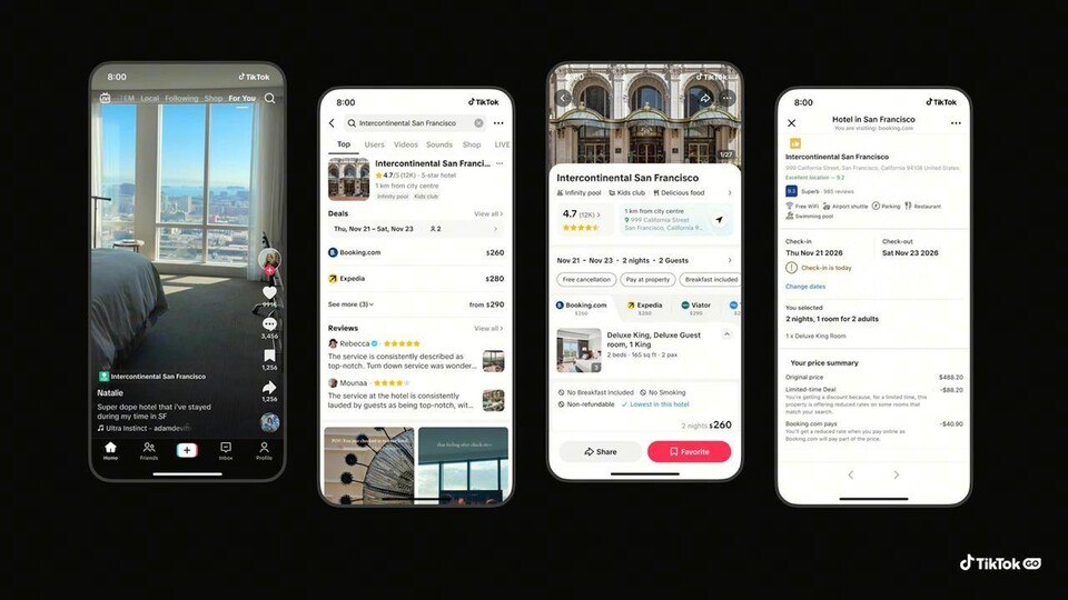 Mit »TikTok Go« hat die Kurzvideoplattform nun einen eigenen Dienst für Hotelbuchungen in den USA veröffentlicht. (Bildquelle: TikTok ByteDance)