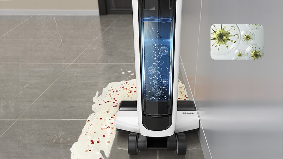 Der Ultra-Modus des Floor One S5 Pro 2 verwandelt Leitungswasser in elektrolysiertes Wasser für eine umweltfreundliche Tiefenreinigung auf Hartböden.