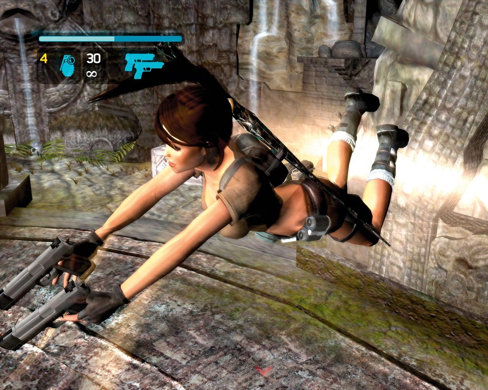 Hat Lara einen Gegner angesprungen, wechselt das Spiel in den Zeitlupenmodus. Darin fliegt die Dame über den Gegner und ballert dem wehrlosen Schurken in den Rücken. (1280x1024)