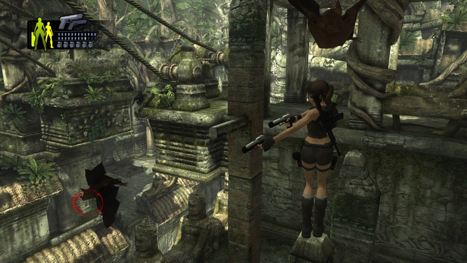 Lara balanciert auf einer Pfahlspitze und schießt gleichzeitig auf Fledermäuse, die sie umschwirren.