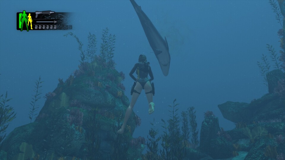 In den Unterwasser-Einsätzen wird Lara von Haien angegriffen und verteidigt sich mit ihrer Harpune.