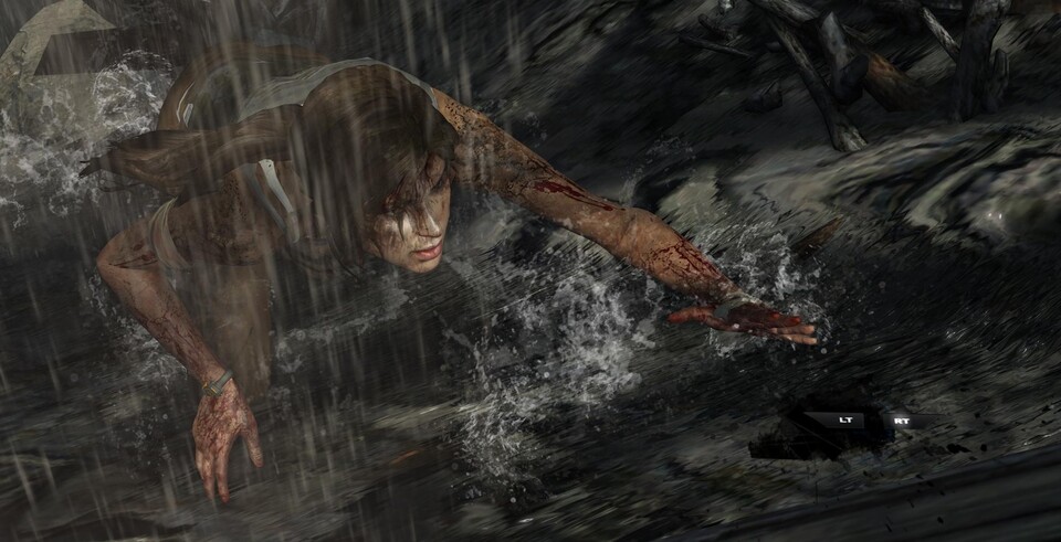 Damit Lara nicht abrutscht und in den Tod stürzt, muss der Spieler abwechselnd zwei Tasten (im Bild die Xbox-Befehle) drücken.