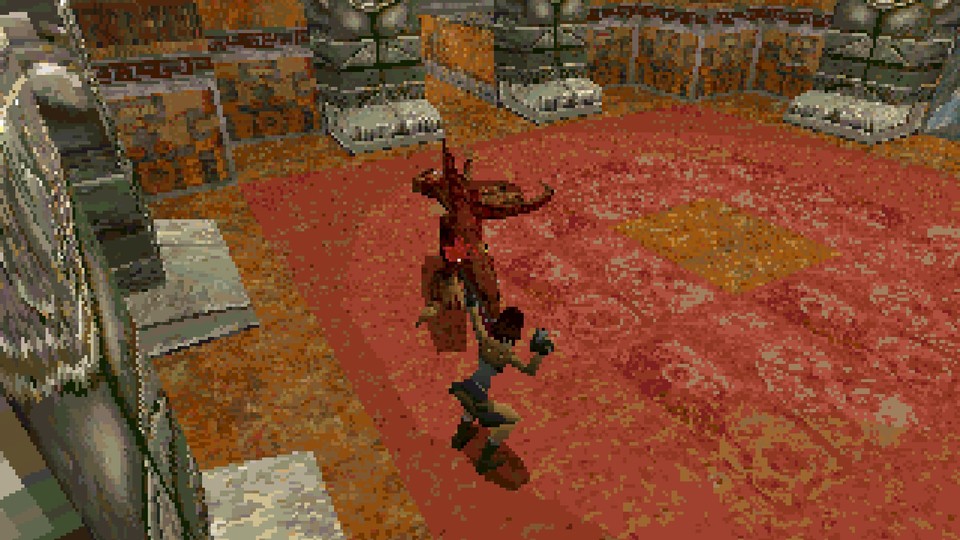 Lara richtet ihre Pistolen auf einen schnappenden Raptor. Die krümelig-grobe Grafik wird 1996 als 3D-Meisterleistung bestaunt.