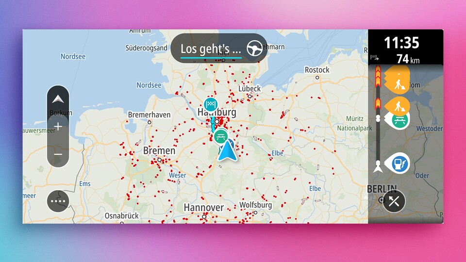Die Routenleiste bei TomTom GO ist praktisch, denn sie zeigt wichtige Ereignisse auf der Strecke an (Bildquelle: GameStar Tech)