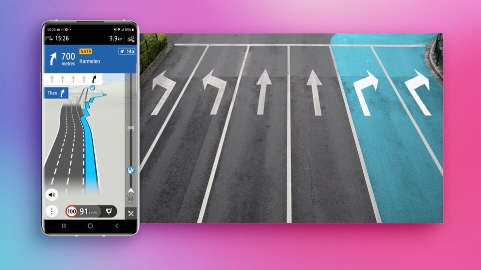 Der dynamische 3D-Fahrspurassistent ist gerade an großen Autobahnkreuzen praktisch. (Bildquelle: TomTom)