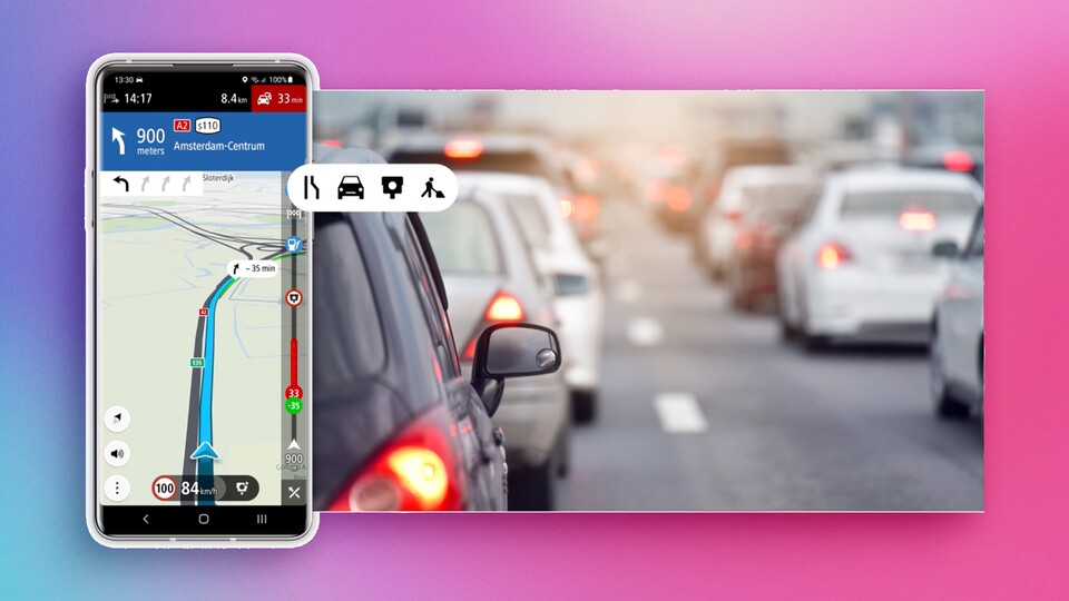 Alternativrouten werden in der Routenleiste samt Zeitersparnis angezeigt. Ob sie kürzer oder länger ausfallen, wird per Sprachansage ausgegeben. (Bildquelle: TomTom)
