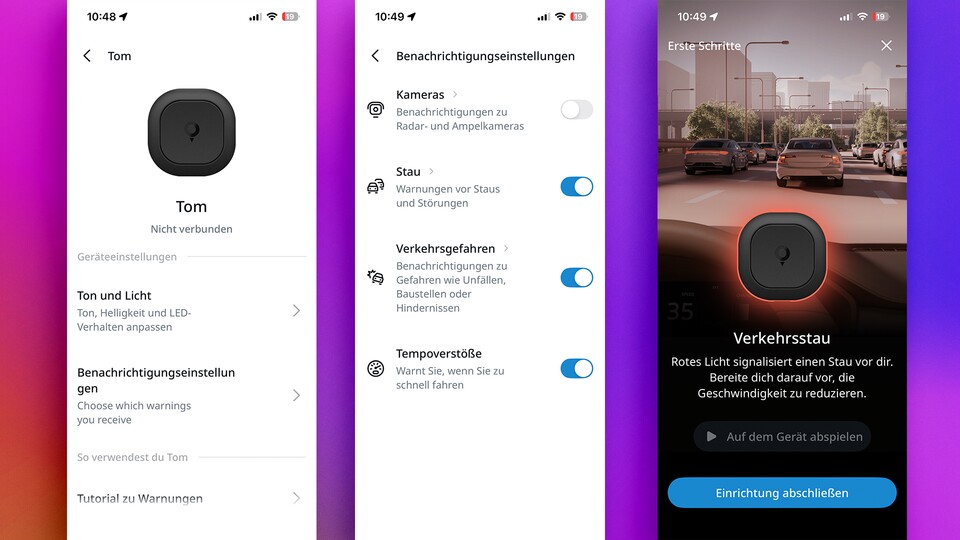Einrichtung und Anpassung des Verkehrsassistenten klappt schnell und einfach über die TomTom-App. (Bildquelle: GameStar Tech)