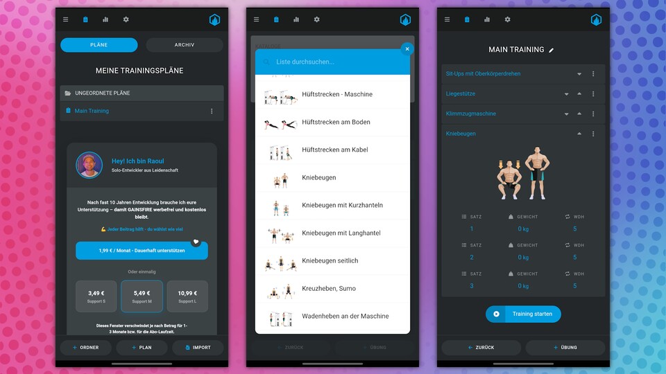 Gainsfire erlaubt es mir, präzise Workouts zu erstellen – wie hier mit einem Beispiel dargestellt. (Bildquelle: GameStar Tech Aaron Hofmann)