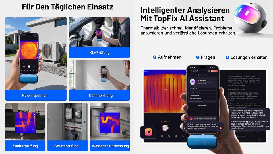 TopFix AI ordnet Wärmebilder ein, nennt mögliche Ursachen und gibt euch Hinweise für die weitere Prüfung.