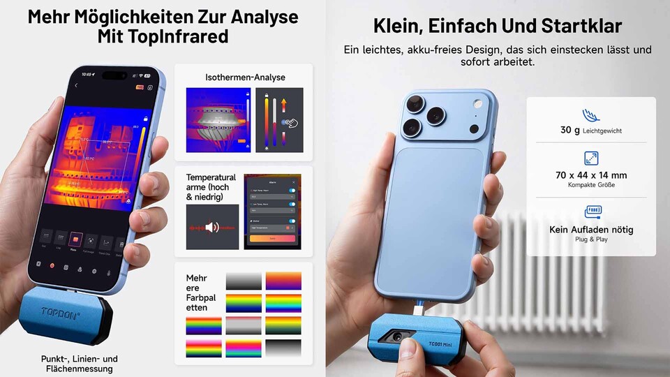 Nur 30 Gramm schwer und direkt am Smartphone angeschlossen: Die TC001 Mini ist im Handumdrehen einsatzbereit.