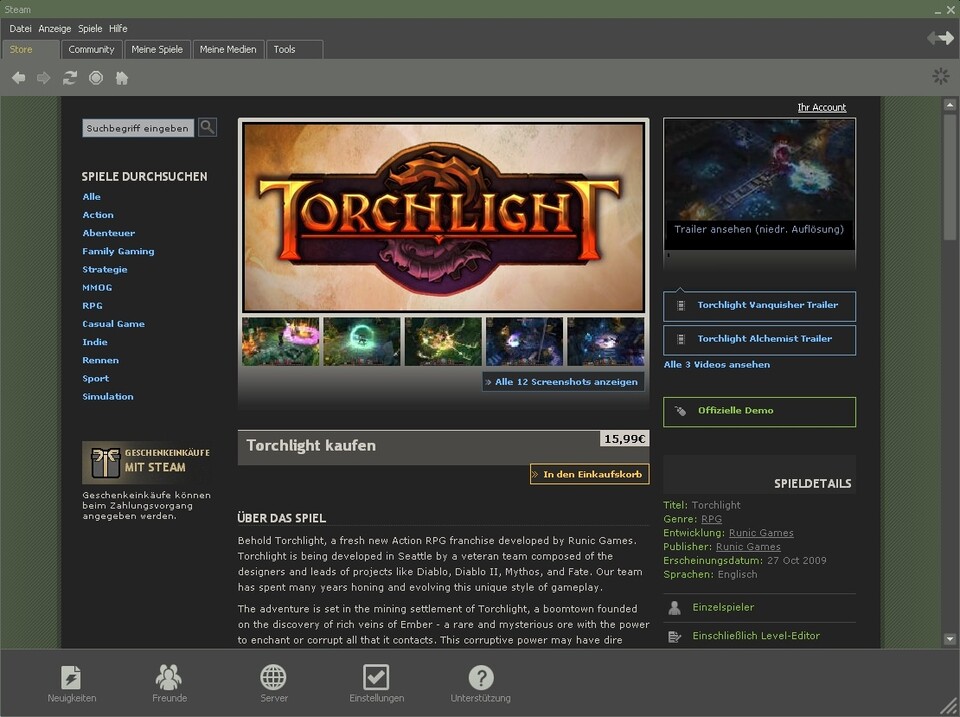 Über Steam (Bild) ist Torchlight teurer als auf der offiziellen Website.