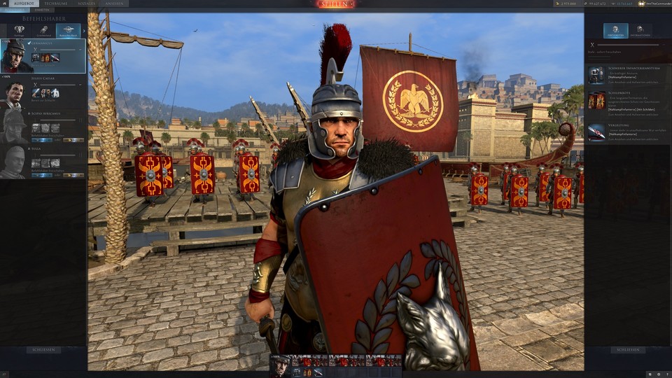 Jede Fraktion hat mehrere Kommandanten mit unterschiedlichen Fähigkeiten. Wir ziehen hier mit dem Römer Germanicus in die Schlacht.