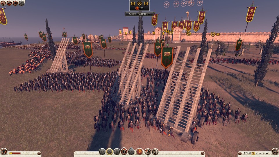 Klassischer Belagerungs-Aussetzer: Die KI-Angreifer lassen ihre Kriegsgeräte (hier: Leitern) stehen und stapfen zu Fuß zur Mauer.