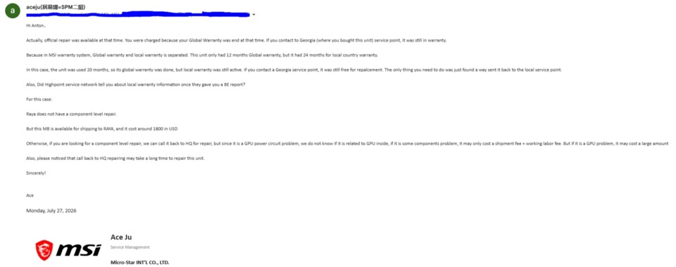 Auch das Global Service Managment von MSI war keine Hilfe. (Quellen: Reddit AlarmLoose9871 + Wccftech)
