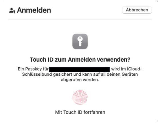 Nach der Bestätigung könnt ihr eine bereits bestehende Touch-ID als Passkey verwenden.