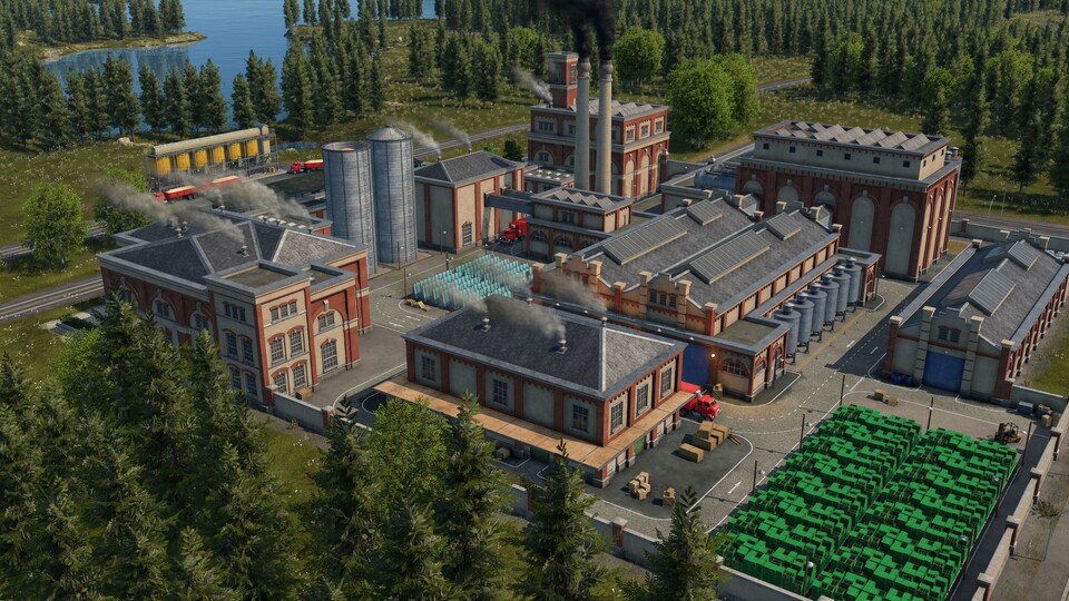 Betriebe wie diese Brauerei haben interne Ladezonen und Wege. Ihr könnt aber ein eigenes Lager dranbauen, zum Beispiel Getreidesilos (hinten links).