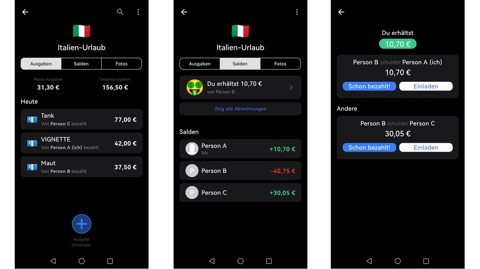 Jede Person hat eine Ausgabe für alle getätigt. Unter »Salden« und »Zeig alle Abrechnungen« findet ihr die genaue Aufstellung aller gegenseitigen Schulden. (Bildquelle: Mark G., GameStar)