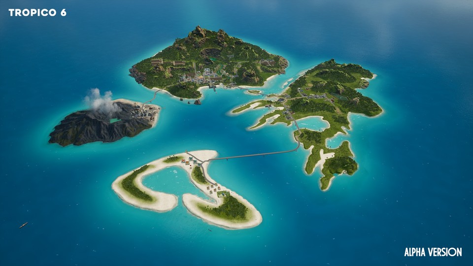 In Tropico 6 bauen wir auf mehreren Inseln gleichzeitig und verbinden sie mit Brücken oder Schiffsrouten.