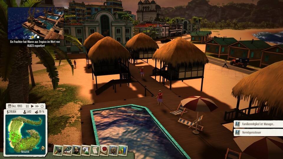 Die Schluckspechte hier fallen fast in den Pool - auch im Detail strotzt Tropico vor charmantem Witz.