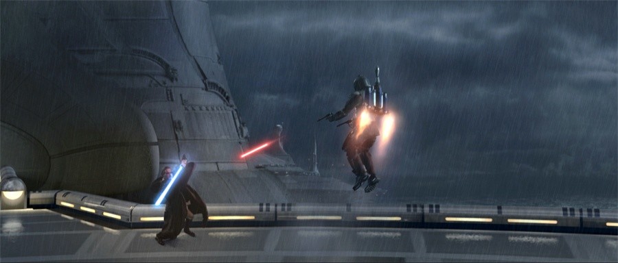Trotz Lichtschwert hat Obi Wan Kenobi kein leichtes Spiel mit Kopfgeldjäger Jango Fett, den er auf dem Wasserplaneten Kamino antrifft.