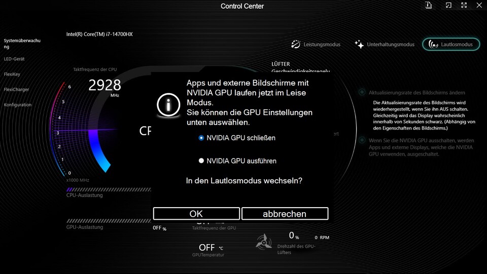 Die dedizierte GPU kann im Lautlos-Modus auf Wunsch deaktiviert werden.