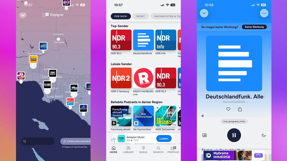 Mit TuneIn kann man klassische Radiosender streamen. Daneben bietet die App viele weitere Inhalte, die mitunter allerdings ein bezahlungspflichtiges Abonnement voraussetzen. (Bildquelle: GameStar Tech)