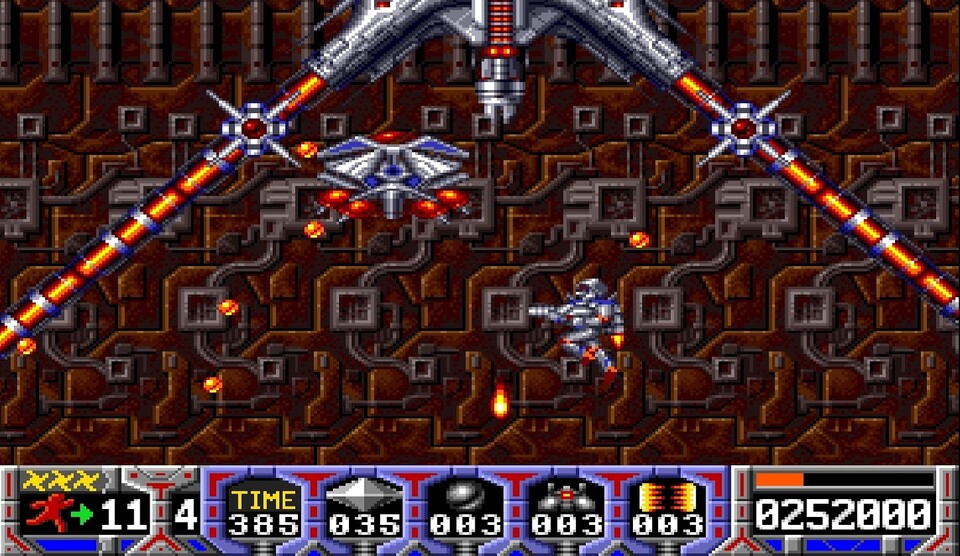 Das war Turrican: In den Levels 3.1 und 3.3 fliegt die Spielfigur per Raketenrucksack herum. Diese Shoot'em-up-Passagen sorgten für Abwechslung. (Amiga)