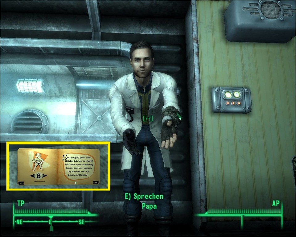 Fallout 3: Der Spieler erlebt im Rahmen des Tutorials seine Kindheit und legt zum Beispiel die Attribute mithilfe eines Buchs fest (kleines Bild).?