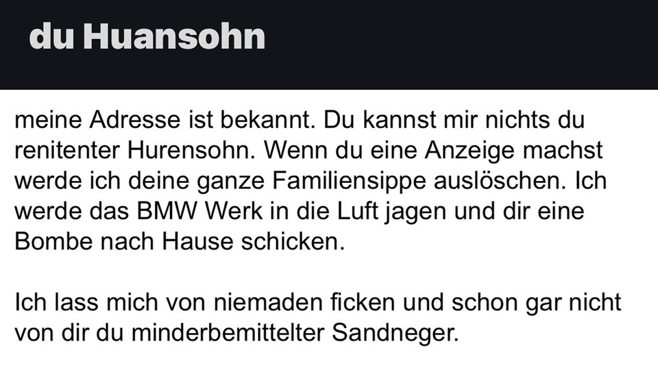 »Ich werde deine Familiensippe auslöschen.« Beispiel einer Hassmail eines Betroffenen. (Quelle: TeamKompass)