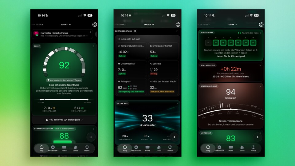 Im direkten Vergleich mit Oura wird der Unterschied sehr deutlich: Ultrahuman will mit vielen Daten überzeugen – und das gelingt auch. Allerdings muss die Aufbereitung der Informationen noch optimiert werden, um sie in Häppchen zu präsentieren.