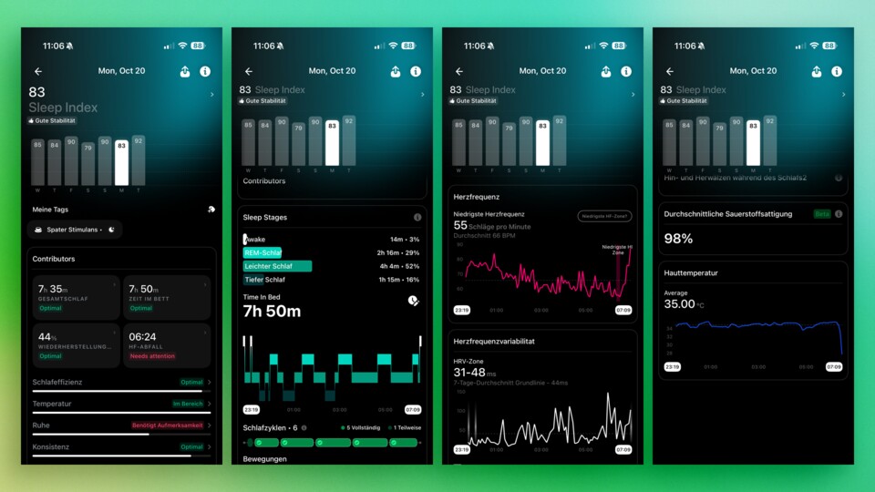 Neben den Schlafphasen zeigt der Ring außerdem die Hauttemperatur und Blutsauerstoffsättigung der letzten Nacht an (Beta).