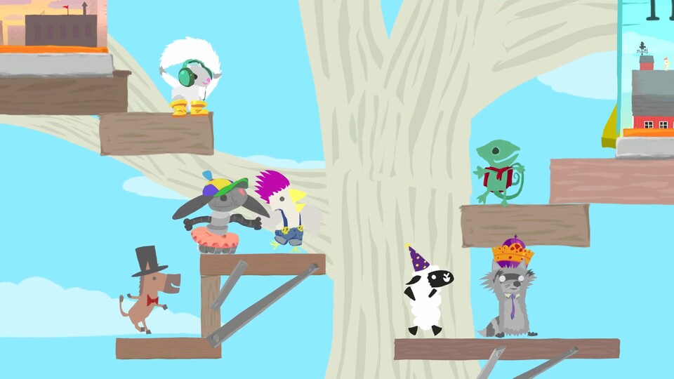 Ultmative Chicken Horse ist ein richtiges Party-Spiel - nicht nur, weil das Schaf einen Partyhut hier trägt.