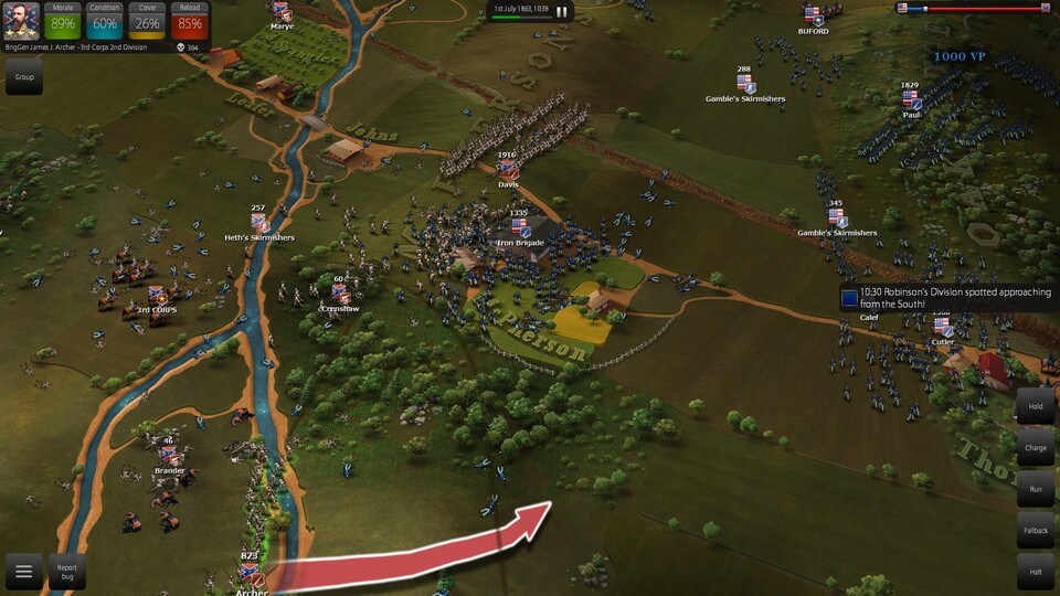 Unsere Truppen kommen über Mc Pherson’s Hügel – nur um festzustellen, dass der Gegner bereits massiv an Verstärkungstruppen auffährt. Jetzt müssen wir uns zurückziehen, die Schlachten wiegen hin und her.