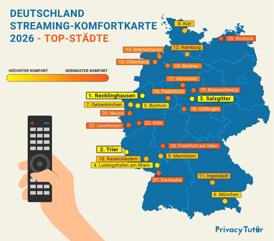 Auf dieser Karte seht ihr Platz 1 bis 20, doch das Ranking beinhaltet 80 Städte. (Bildquelle: Privacytutor.de)