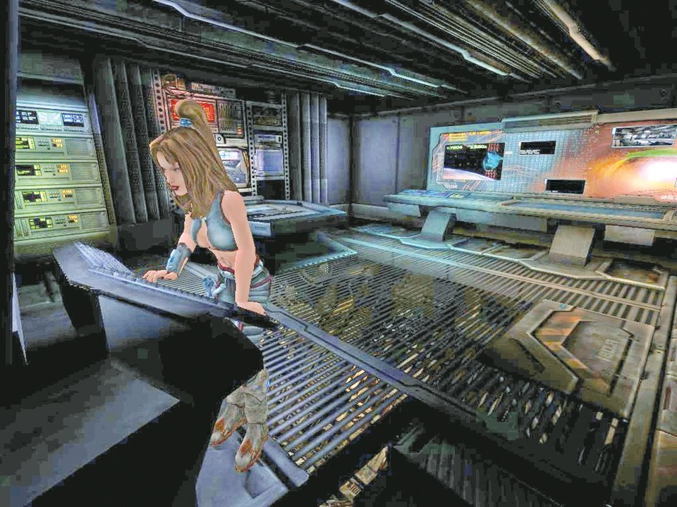Aida bedient den Bordcomputer, Missionsdetails werden als Hologramm oder auf den Schirmen im Hintergrund mit allerlei Daten (Art der Feinde, Art des Planeten) dargestellt.