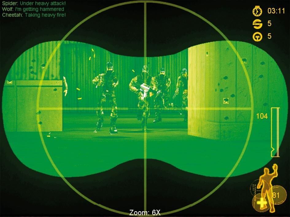 Blick durchs Zielfernrohr eines Scharfschützengewehres: Im gleichzeitig aktivierten Nachtsichtgerät präsentieren sich die Terroristen gut sichtbar am anderen Ende der Karte.