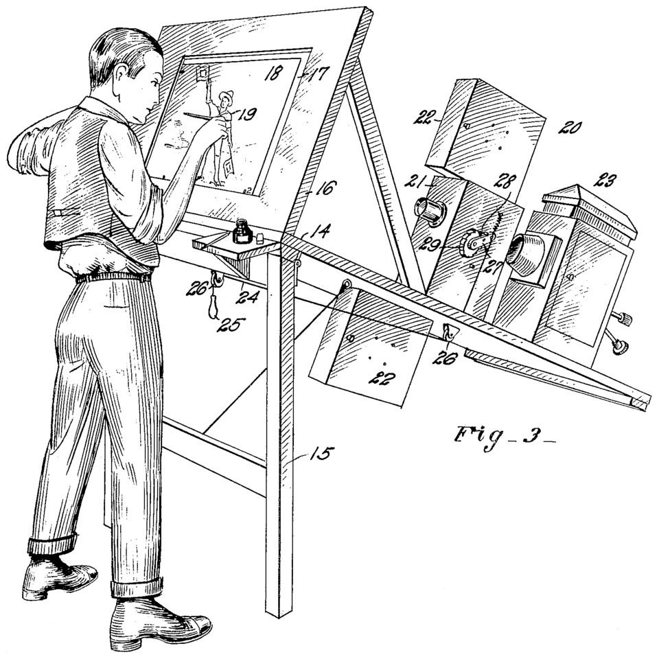 Patentzeichnung für Max Fleischers ursprüngliches Rotoskop aus dem Jahr 1915. (Bildquelle: Wikimedia Commons)